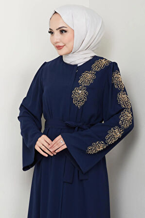 Çiçek Taşlı Kuşaklı Ferace Lacivert HM2713
