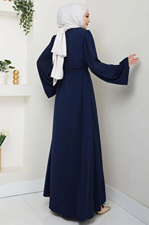 Çiçek Taşlı Kuşaklı Ferace Lacivert HM2713