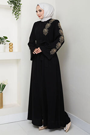 Çiçek Taşlı Kuşaklı Ferace Siyah HM2713