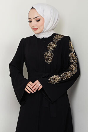 Çiçek Taşlı Kuşaklı Ferace Siyah HM2713
