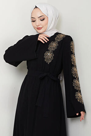 Çiçek Taşlı Kuşaklı Ferace Siyah HM2713