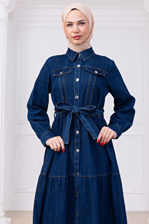 Önü Düğmeli Kuşaklı Kot Elbise HM2764 Koyu Mavi