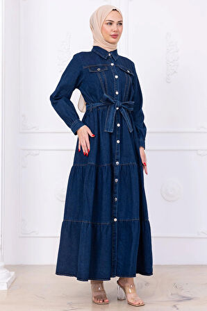 Önü Düğmeli Kuşaklı Kot Elbise HM2764 Koyu Mavi