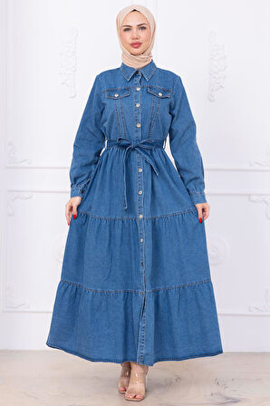 Önü Düğmeli Kuşaklı Kot Elbise HM2764 Açık Mavi