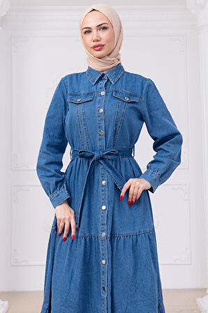 Önü Düğmeli Kuşaklı Kot Elbise HM2764 Açık Mavi