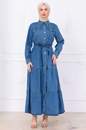 Önü Düğmeli Kuşaklı Kot Elbise HM2764 Açık Mavi