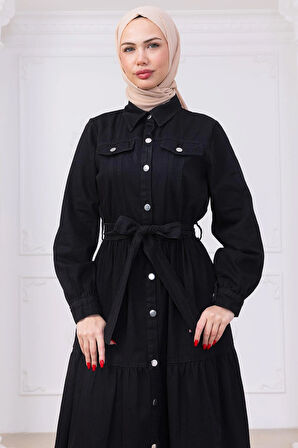 Önü Düğmeli Kuşaklı Kot Elbise HM2764 Siyah