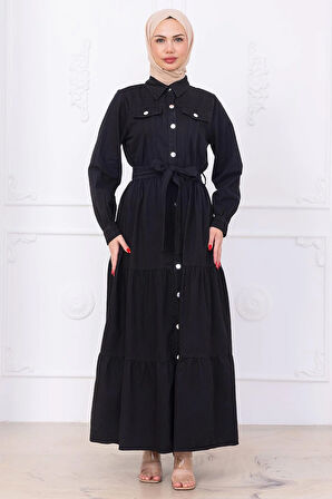 Önü Düğmeli Kuşaklı Kot Elbise HM2764 Siyah