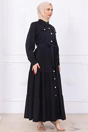 Önü Düğmeli Kuşaklı Kot Elbise HM2764 Siyah