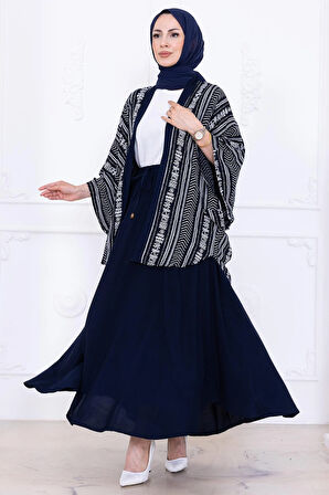 Desenli Etekli Kimono Takım Lacivert HM2766
