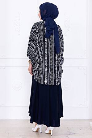 Desenli Etekli Kimono Takım Lacivert HM2766