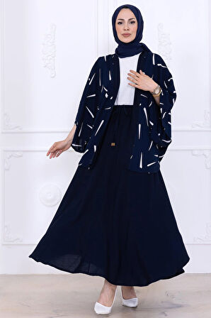 Desenli Etekli Kimono Takım Lacivert HM2767