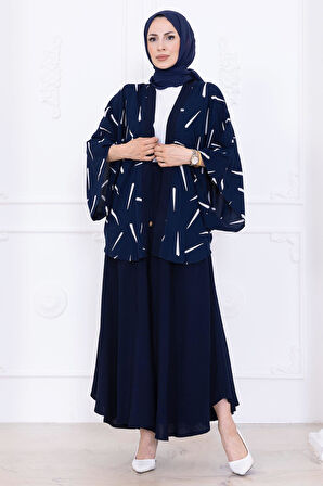 Desenli Etekli Kimono Takım Lacivert HM2767