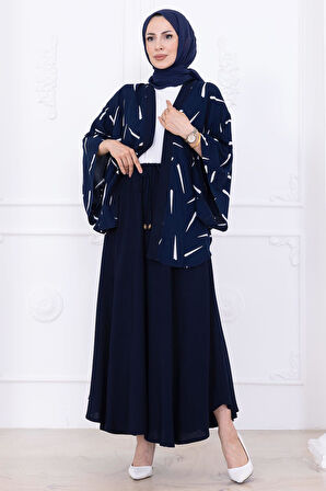 Desenli Etekli Kimono Takım Lacivert HM2767