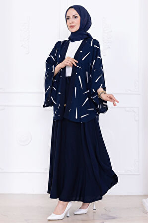 Desenli Etekli Kimono Takım Lacivert HM2767