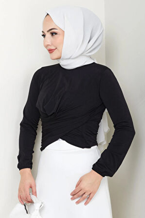 Bisiklet Yaka Büzgülü Sandy Bluz Siyah HM2765