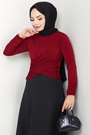 Bisiklet Yaka Büzgülü Sandy Bluz Bordo HM2765