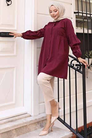 Büzgü Detaylı Balon Kol Gömlek Bordo HM2763