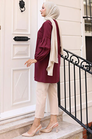 Büzgü Detaylı Balon Kol Gömlek Bordo HM2763