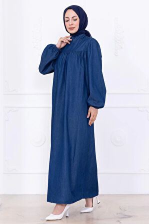Robalı Kot Elbise HM2771 Koyu Mavi