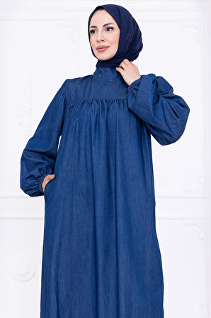 Robalı Kot Elbise HM2771 Koyu Mavi