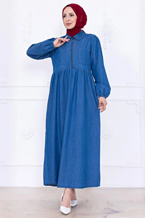 Yarım Fermuarlı Cepli Kot Elbise HM2773 Açık Mavi