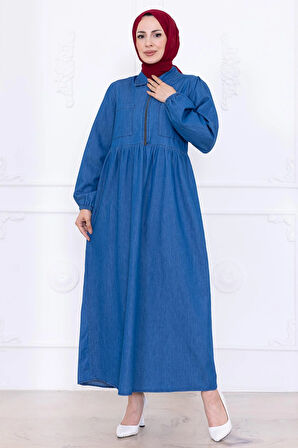 Yarım Fermuarlı Cepli Kot Elbise HM2773 Açık Mavi