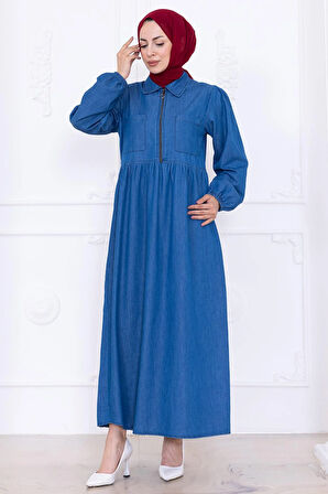 Yarım Fermuarlı Cepli Kot Elbise HM2773 Açık Mavi