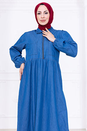 Yarım Fermuarlı Cepli Kot Elbise HM2773 Açık Mavi