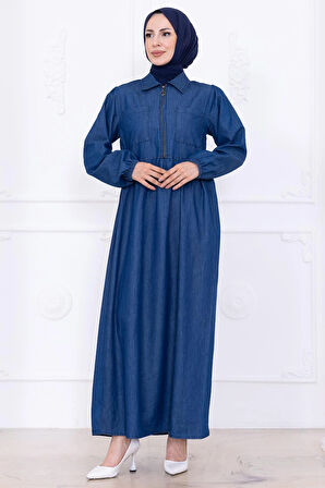 Yarım Fermuarlı Cepli Kot Elbise HM2773 Koyu Mavi