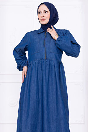 Yarım Fermuarlı Cepli Kot Elbise HM2773 Koyu Mavi