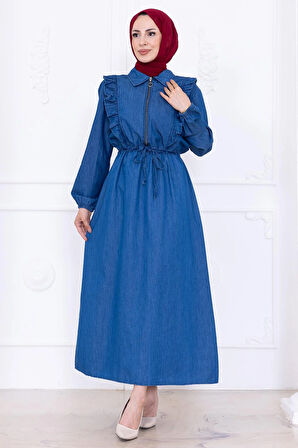 Bağlamalı Fırfır Detaylı Fermuarlı Kot Elbise HM2777 Açık Mavi