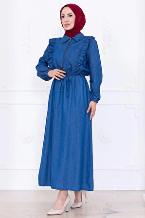Bağlamalı Fırfır Detaylı Fermuarlı Kot Elbise HM2777 Açık Mavi