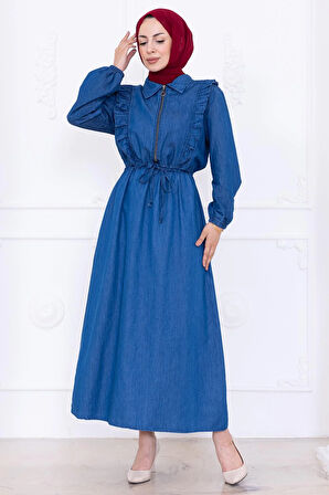 Bağlamalı Fırfır Detaylı Fermuarlı Kot Elbise HM2777 Açık Mavi