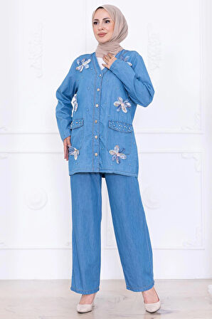 Papatya Dokunuşlu Yazlık Kot Takım HM2779 Açık Mavi