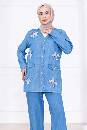 Papatya Dokunuşlu Yazlık Kot Takım HM2779 Açık Mavi