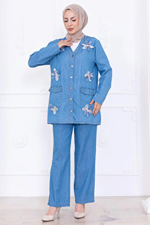 Papatya Dokunuşlu Yazlık Kot Takım HM2779 Açık Mavi