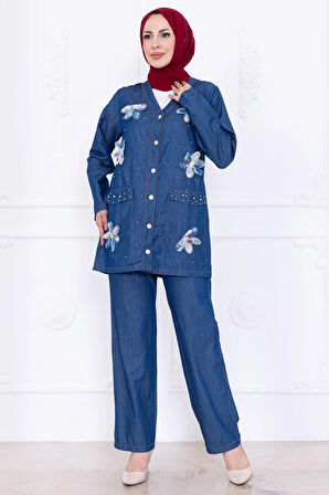 Papatya Dokunuşlu Yazlık Kot Takım HM2779 Koyu Mavi