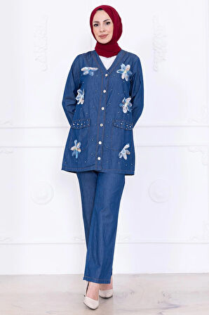 Papatya Dokunuşlu Yazlık Kot Takım HM2779 Koyu Mavi