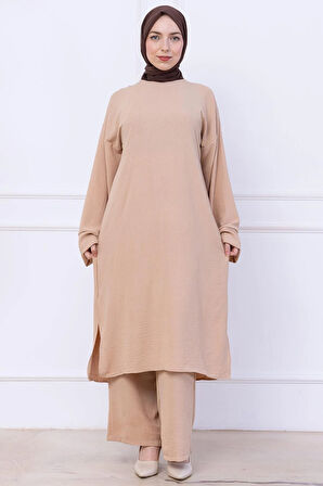 Uzun Tunikli Ayrobin Takım Bej HM2770
