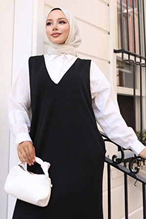 V Yaka Cepli Örme Jile Elbise Siyah HM2754