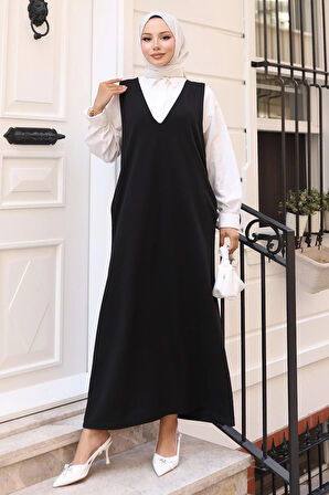 V Yaka Cepli Örme Jile Elbise Siyah HM2754