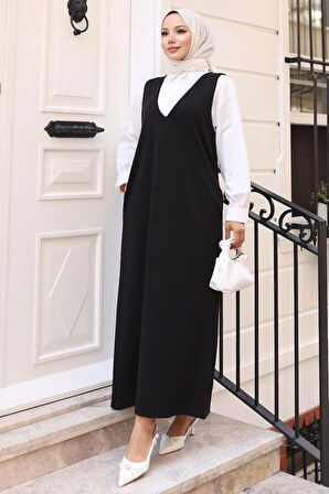 V Yaka Cepli Örme Jile Elbise Siyah HM2754