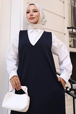 V Yaka Cepli Örme Jile Elbise Lacivert HM2754
