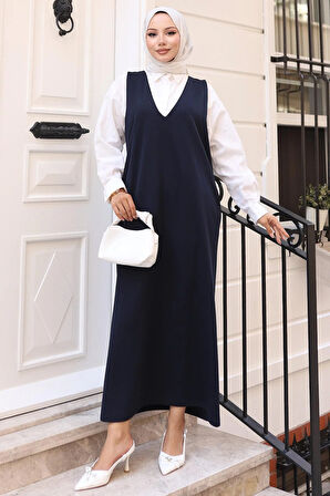 V Yaka Cepli Örme Jile Elbise Lacivert HM2754