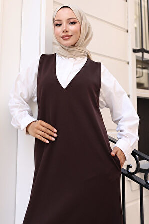 V Yaka Cepli Örme Jile Elbise Kahverengi HM2754