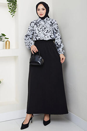 Çiçek Desenli Etekli Takım Siyah HM2739