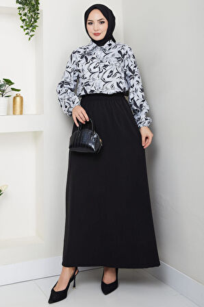 Çiçek Desenli Etekli Takım Siyah HM2739