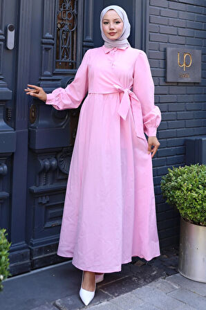 Yandan Bağlamalı Tesettür Elbise Pembe HM2753