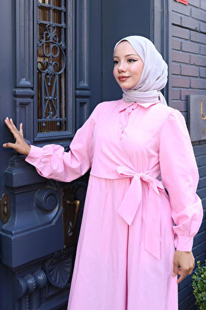 Yandan Bağlamalı Tesettür Elbise Pembe HM2753